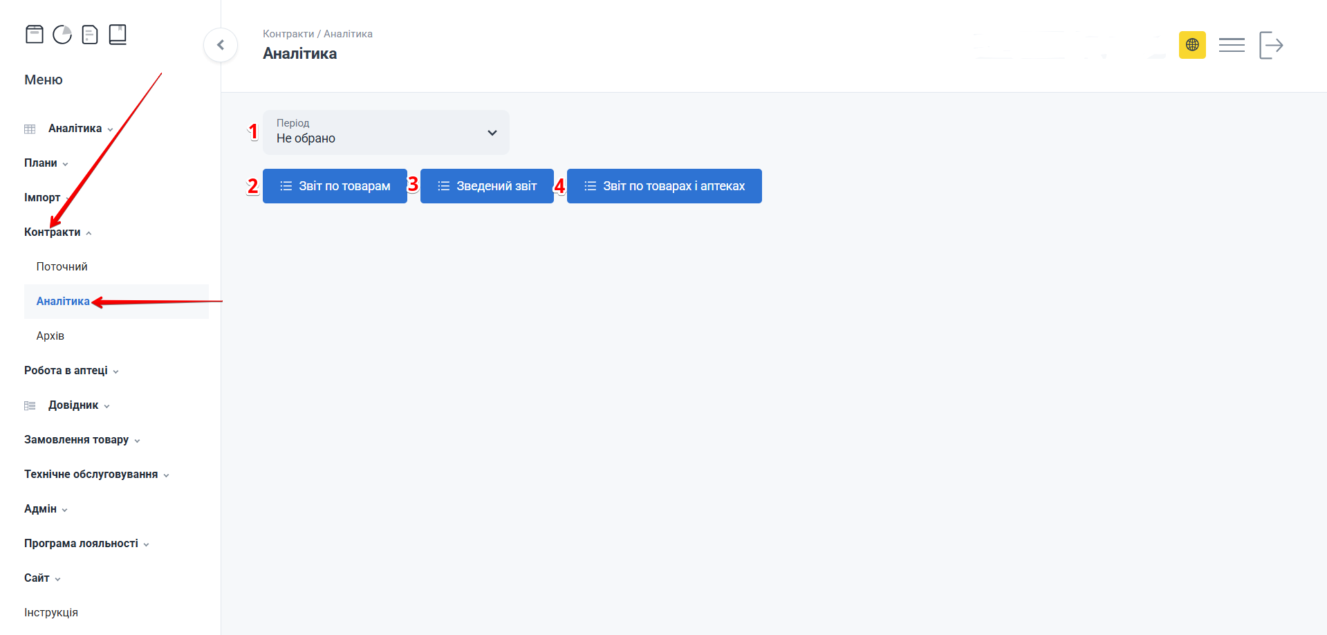 Сторінка Аналітика контрактів: фільтр періоду та кнопки звітів