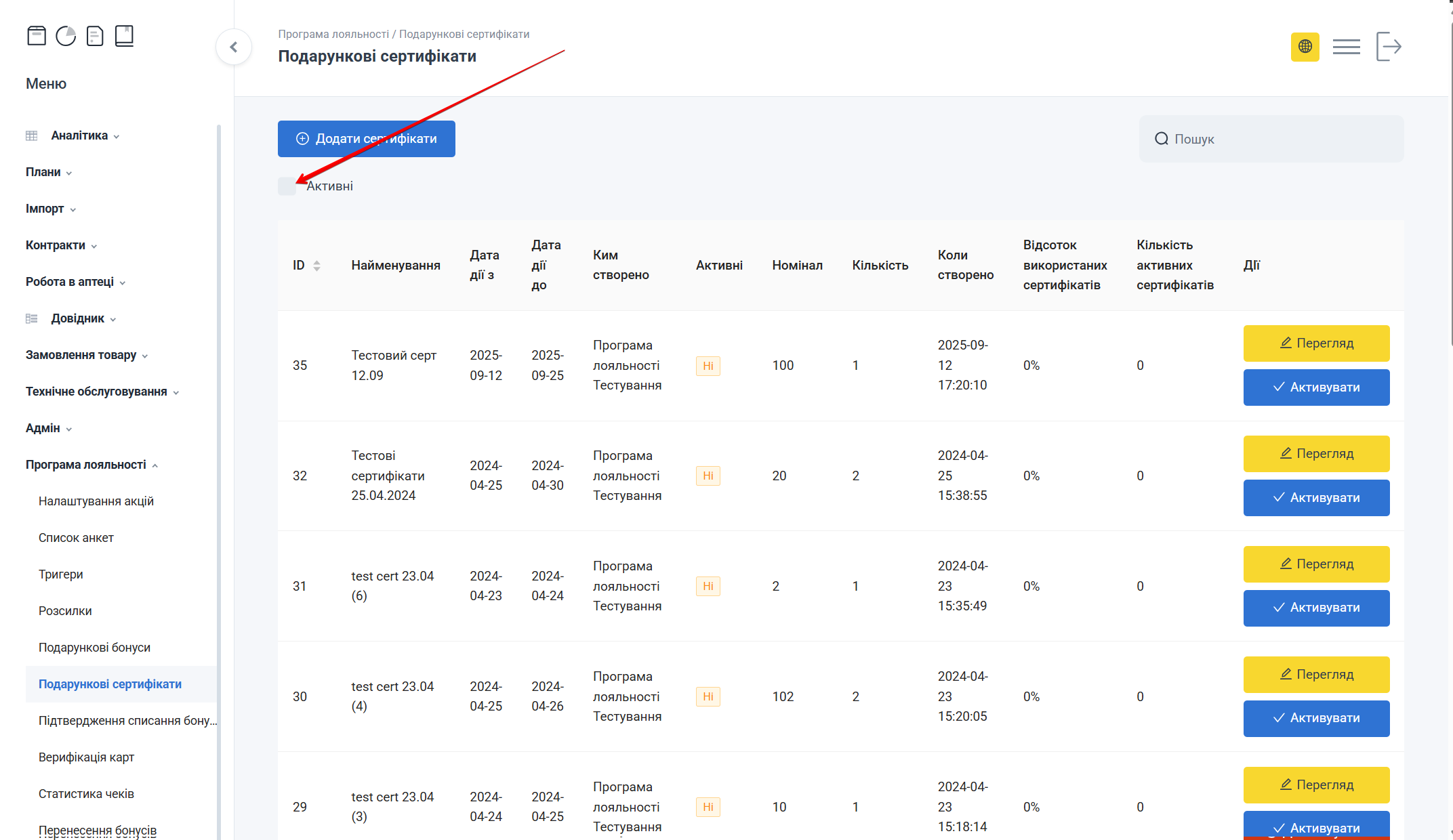 Фільтр Активні для сертифікатів