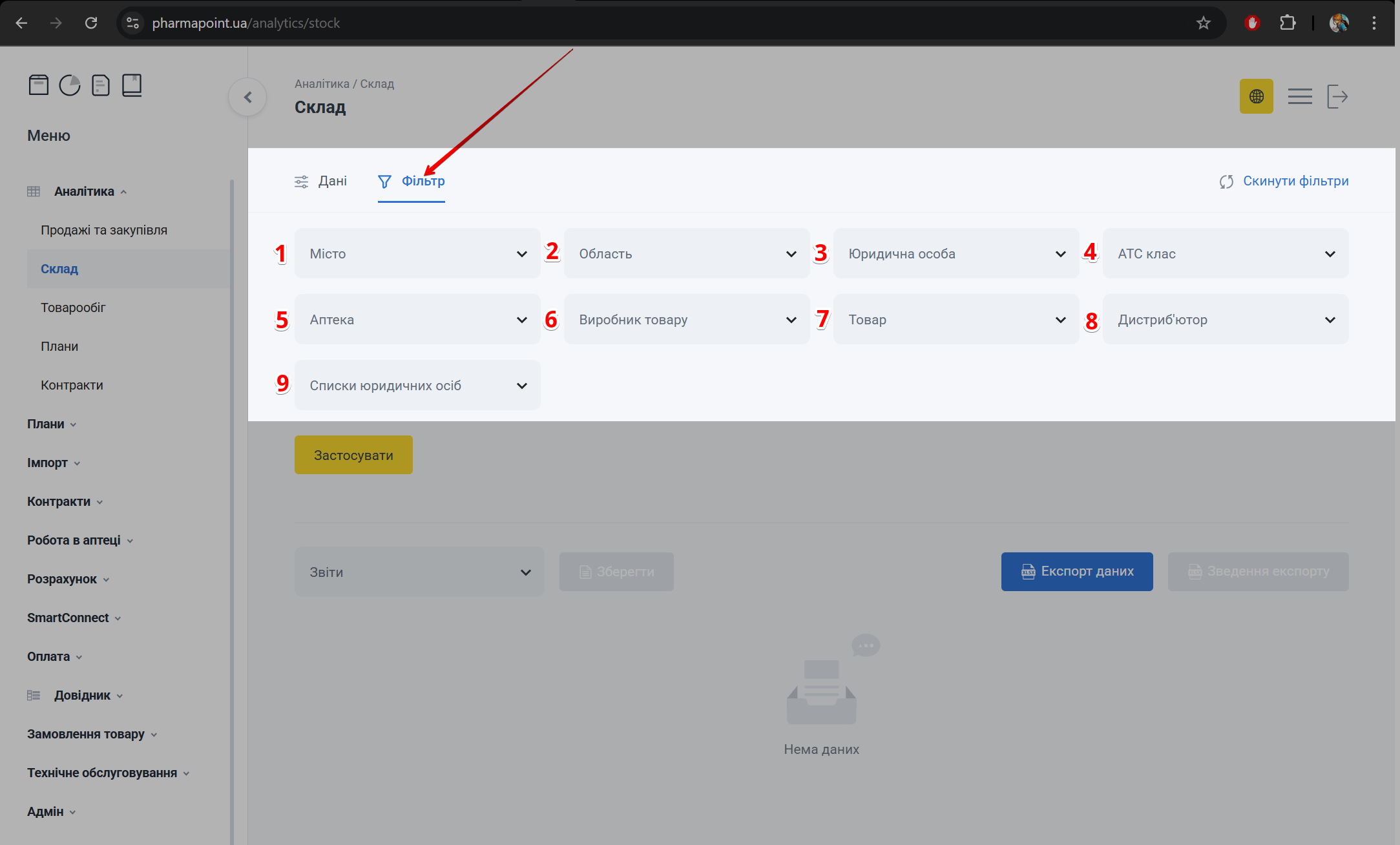 Вкладка Фільтр з полями місто, область, аптек а, товар тощо